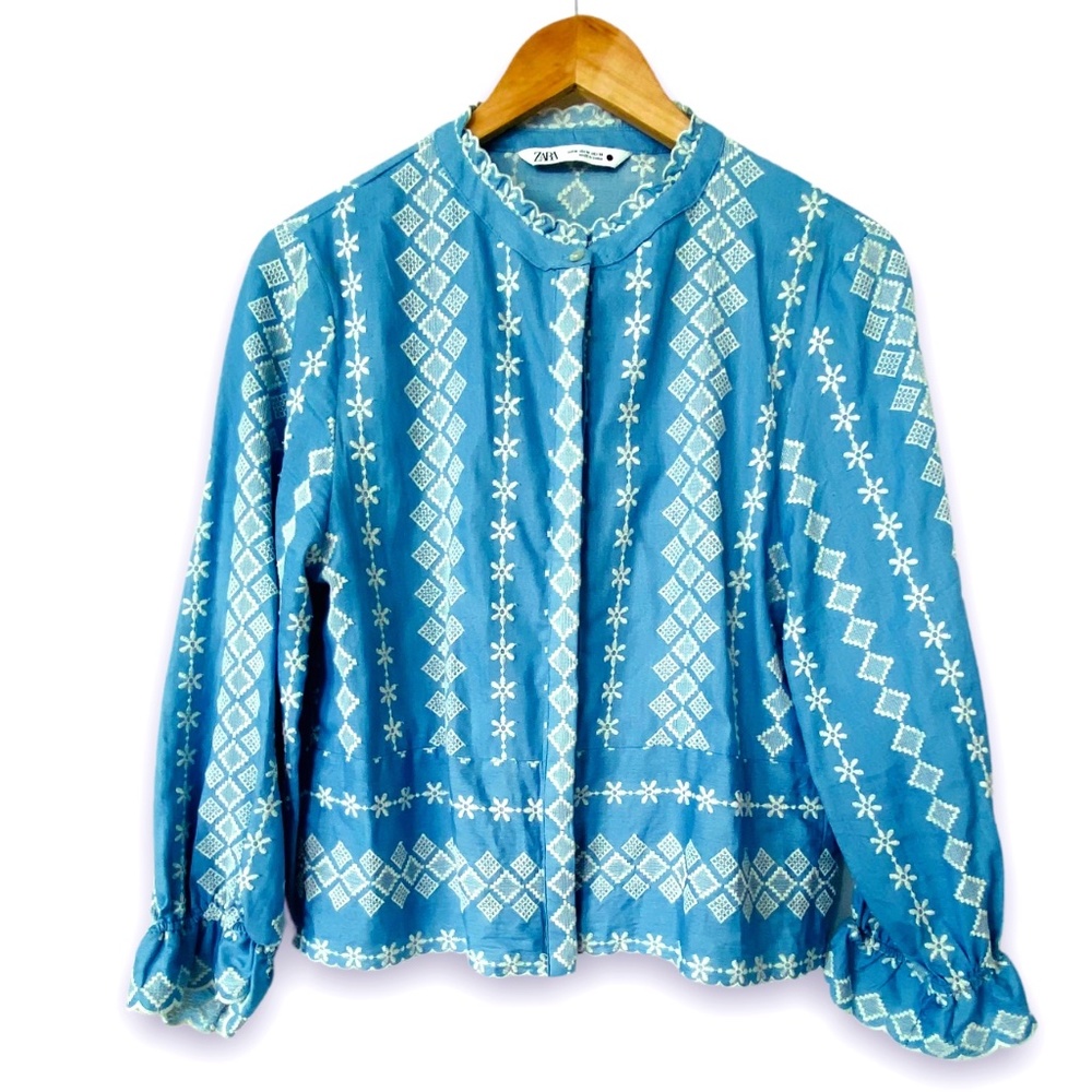 Zara Boho Embroidered Top Blue M